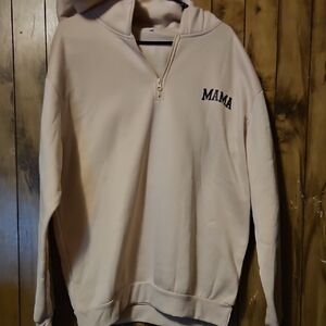 Cream Half-Zip Hoodie Sweatshirt with MAMA Embroidery